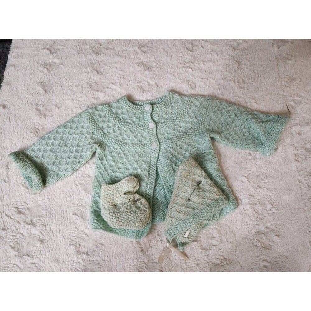 Green Crochet Baby Cardigan Sweater Hat Booties Set Handmade 1950s Vintage